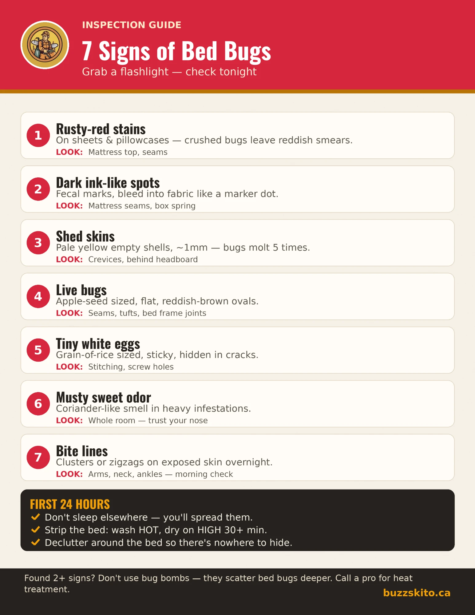 One-page inspection guide titled 7 Signs of Bed Bugs. It lists rusty-red stains, dark ink-like spots, shed skins, live bugs, tiny white eggs, a musty sweet odor and bite lines, each with where to look. A first-24-hours box says to keep sleeping in your own bed, wash bedding hot and dry on high for 30 minutes or more, and declutter around the bed. A footer warns against bug bombs.