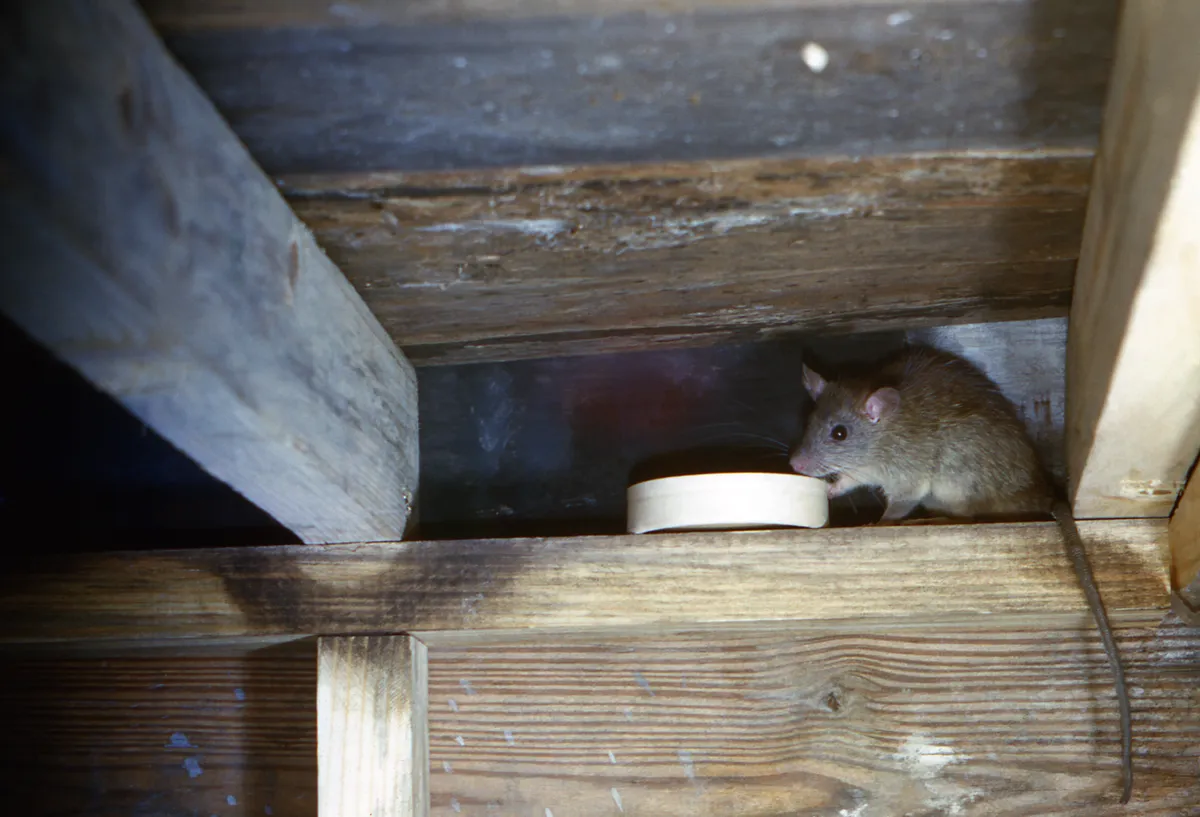 Gray-brown roof rat crouched between wooden rafters, eating from a small white dish, its long thin tail hanging down past the beam